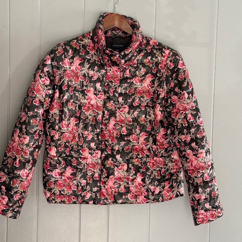 Lands' End Womens Floral Funnel Neck Cropped Down Puffer Jacket Pink Black Sz M